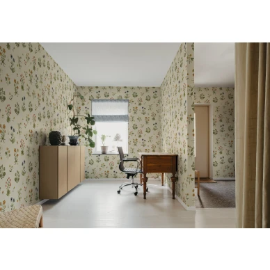 R22058 Timeless Flora Beige Rebel Walls interior3 kuva