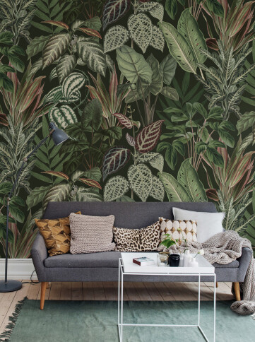 Olohuoneen vihrea viidakkotapetti Mischievous Monkeys Rebel Wallsilta R14592